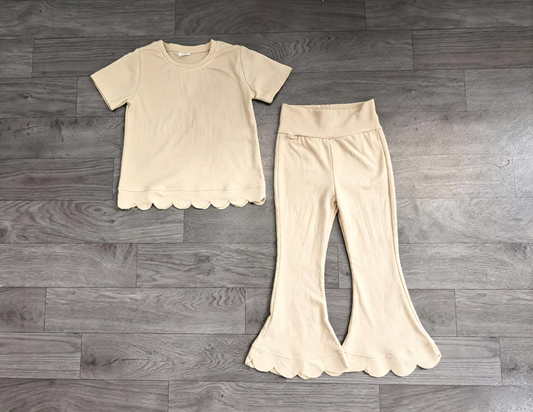No moq  Preorder Baby Girls Kids Short Sleeves White Shirt Pants Scallop Set Clothes
