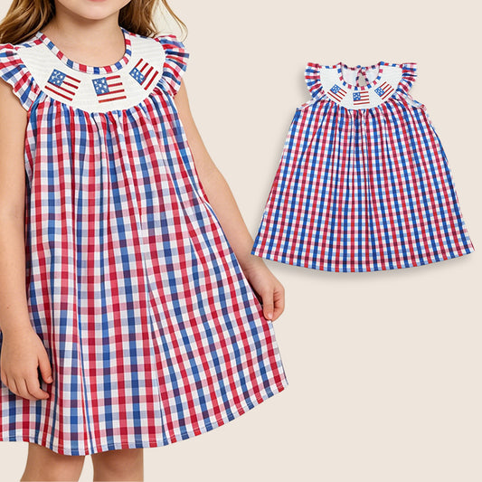 RTS Baby Girls Embroidery Smocked Flags Strips 4th of July Knee length Purple Dress