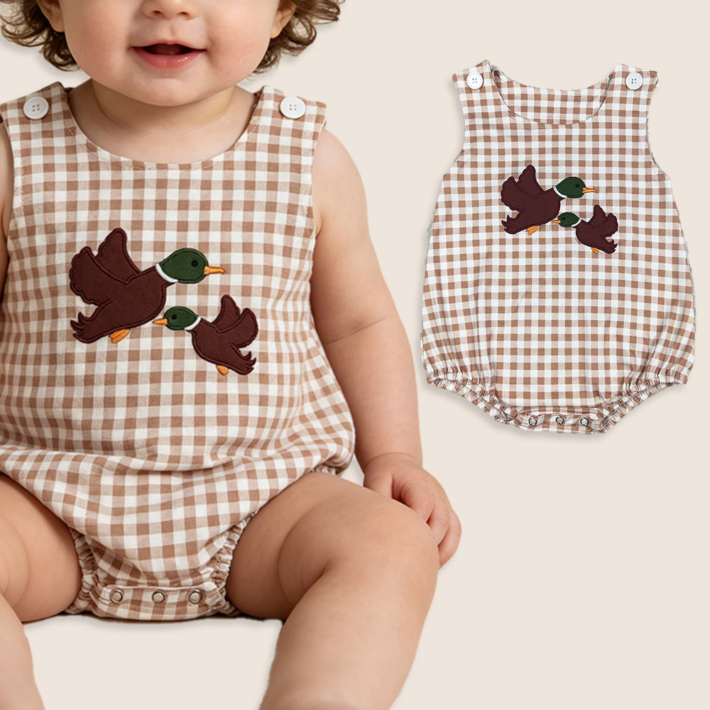Baby Boys Kids Sleeveless Embroidery Ducks Plaid Bubble Romper