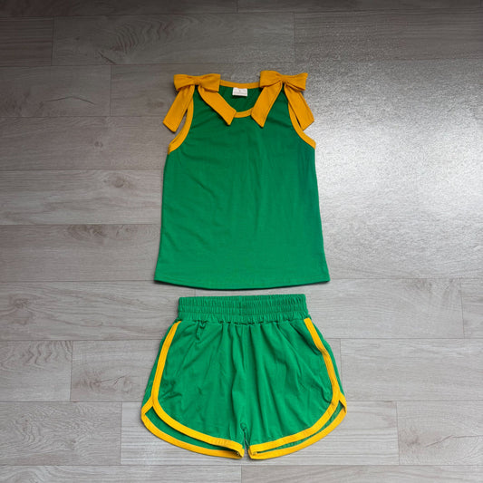 No moq Preorder Baby Girls Kids Sleeveless Bows Shirt Shorts Green Set Summer Clothes