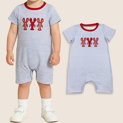 Baby Boys Infant Short Sleeves Embroidery Crayfish Blue Stripes Romper
