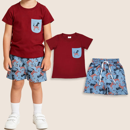Baby Boys Kids Short Sleeves Red Shirt Dinosaurs Pockets Shorts 4th of July Set
