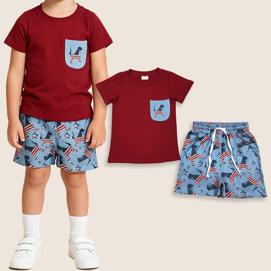 Baby Boys Kids Short Sleeves Red Shirt Dinosaurs Pockets Shorts 4th of July Set