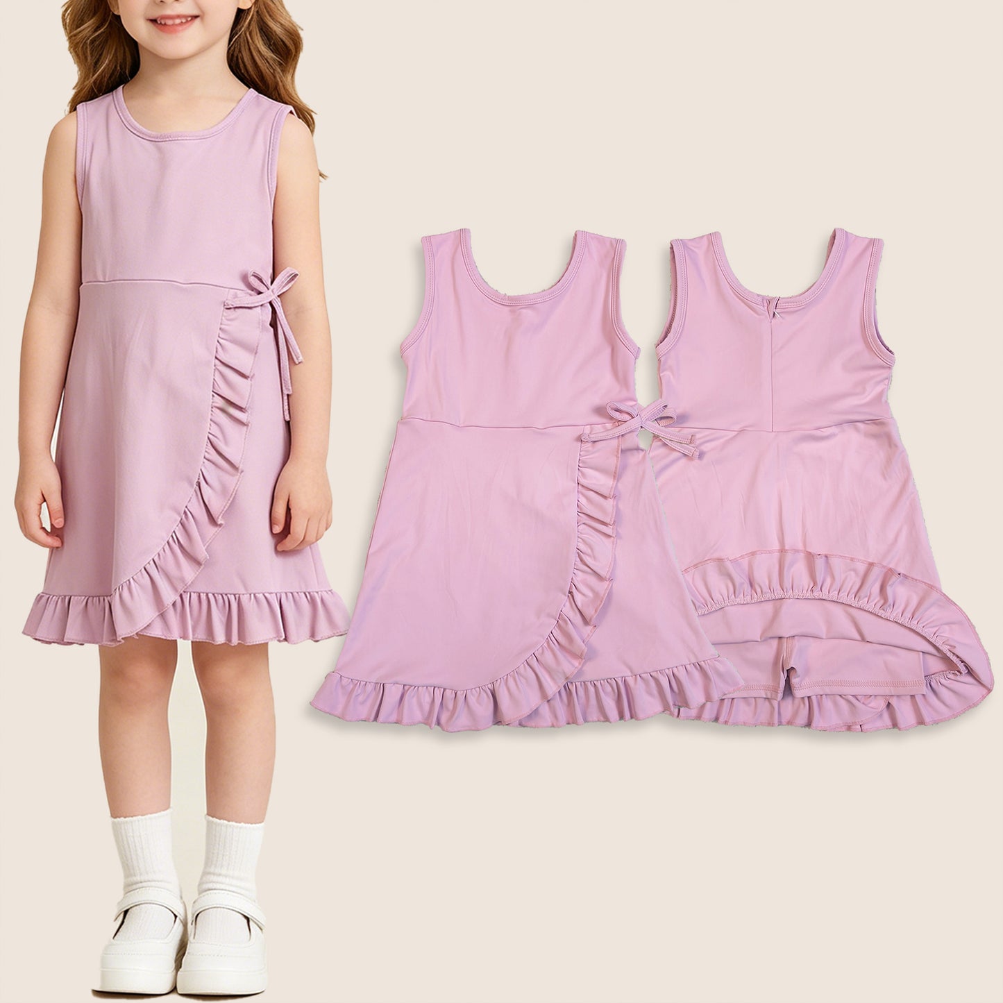 Baby Girls Sleeveless Ruffle Knee Length Yoga Pink Dress with Shorts