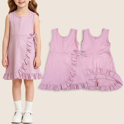 Baby Girls Sleeveless Ruffle Knee Length Yoga Pink Dress with Shorts