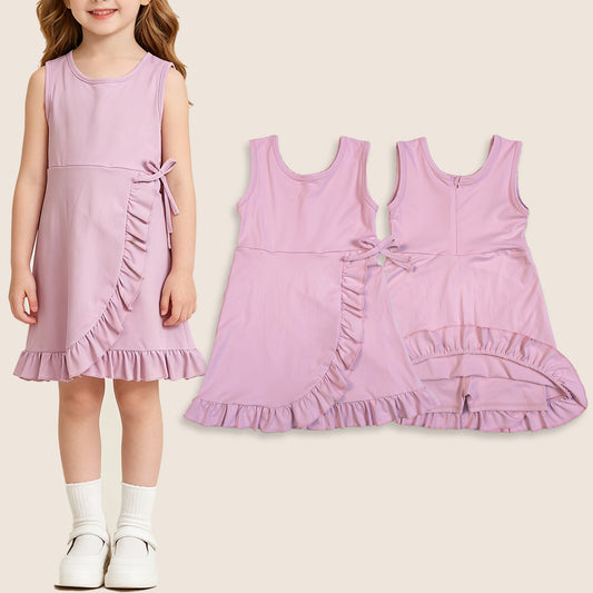 Baby Girls Sleeveless Ruffle Knee Length Yoga Pink Dress with Shorts