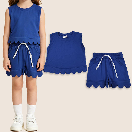 Baby Girls Kids Sleeveless Blue Shirt Scallop Shorts Set Cotton Clothes