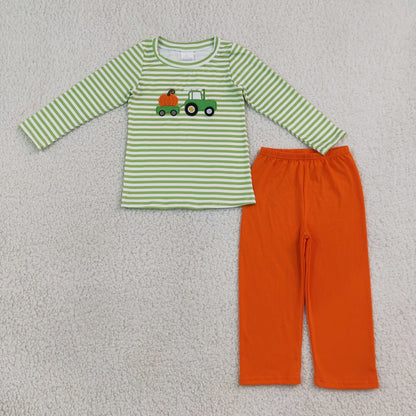 Sibling Baby Boys Kids Embroidery Pumpkin Stripes Shirts Pants Sets Thanksgiving Clothes