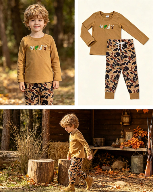 Baby Boys Kids Embroidery Dogs Ducks Deer Shirt Pockets Camo Pants Set Clothes