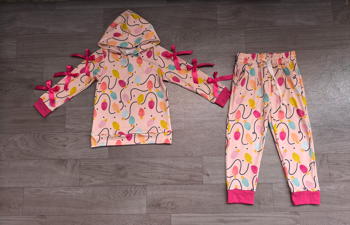 No moq Preorder Baby Girls Kids Christmas Lights Hoodie Bows Pullover Pockets Pants Set Clothes