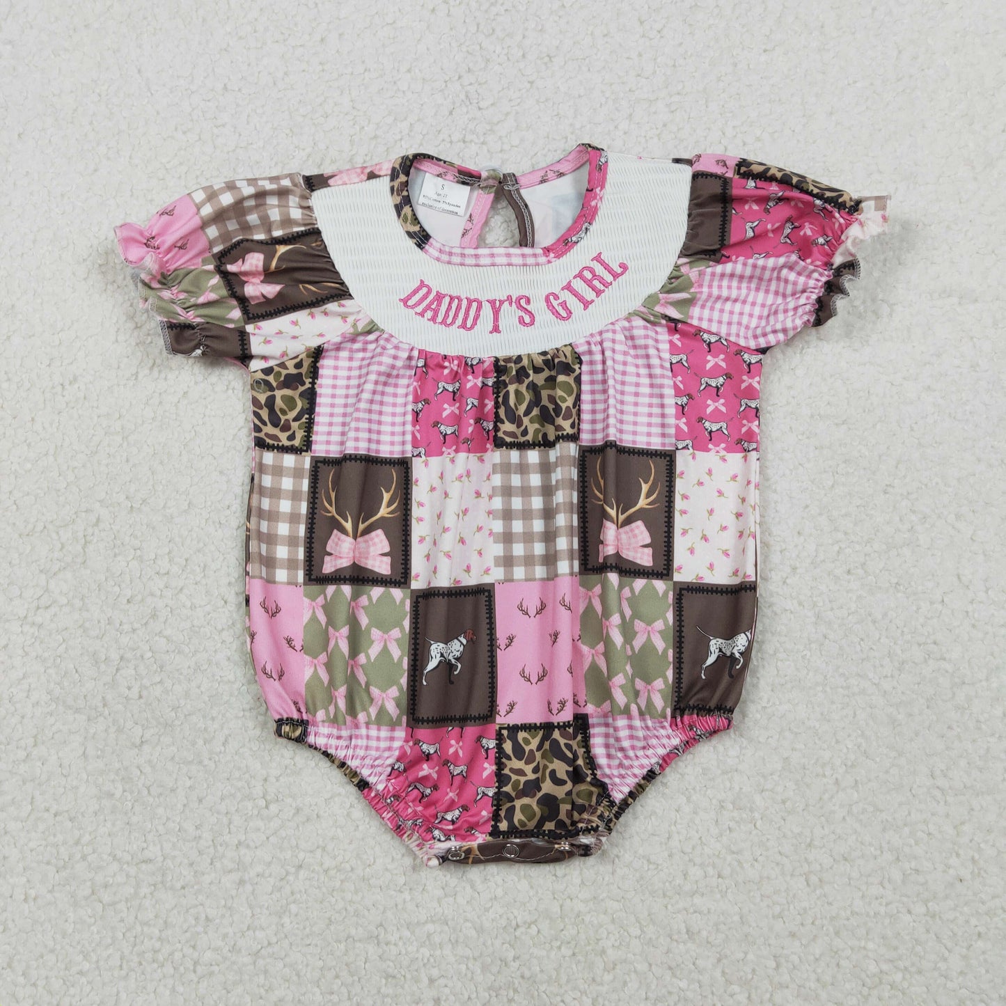 RTS Baby Girls Short Sleeves Embroidery Smocked Daddy's Girl Bows Dogs Deer Camo Print Dress