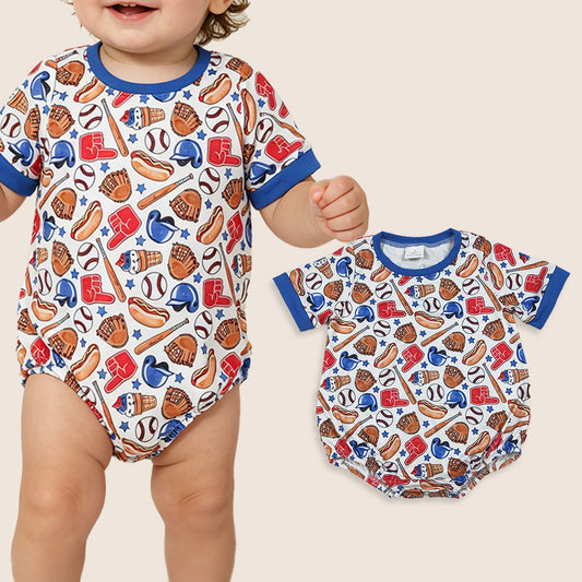 Baby Boys Infant Short Sleeves Baseball Summer Blue Bubble Romper RTS