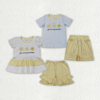 RTS Sibling Baby Boys Girls Kids Short Sleeves Tops Yellow Cotton Shorts Set