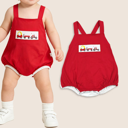 Baby Boy Infant Sleeveless Embroidery Car Red Bubble Romper