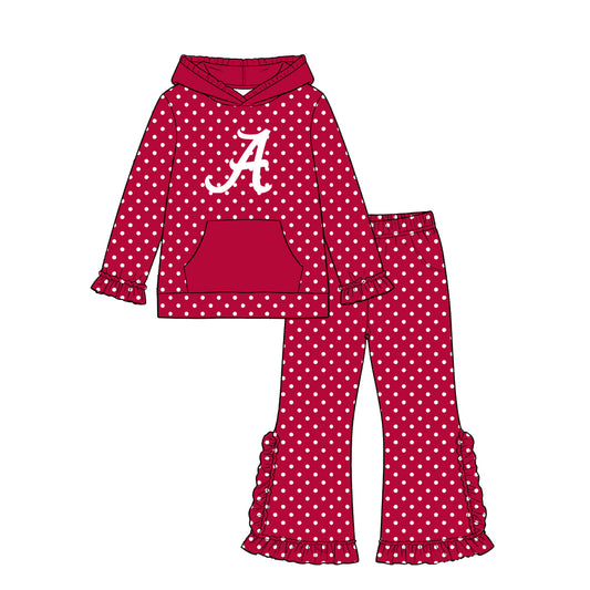 Moq 5 Custom Baby Girls Kids Long Sleeves Hoodie Pullover Dots Pockets Pants Team Set Clothes