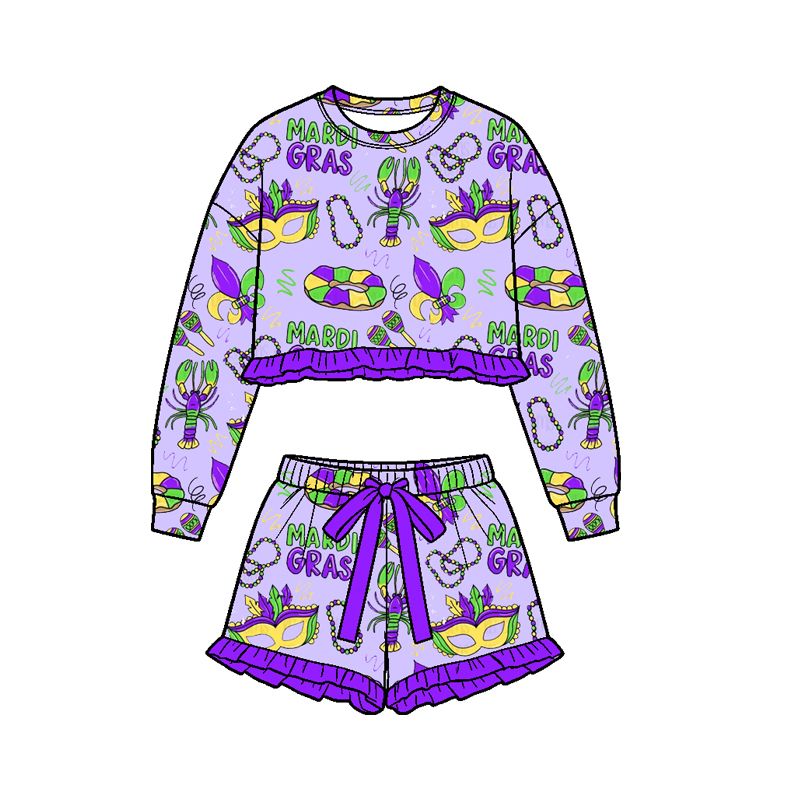 Moq 5 Preorder Baby Girls Kids Tractors Masks Crayfish Shirt Shorts Set Mardi Gras Clothes