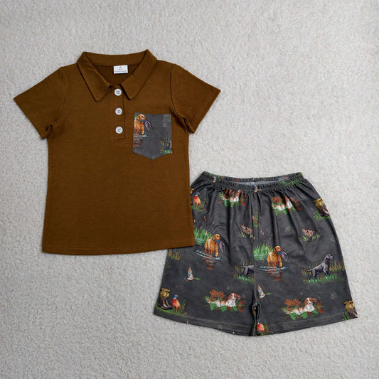 Sibling Baby Boys Kids Short Sleeves Ducks Dogs Buttons Romper Set Hunting Clothes