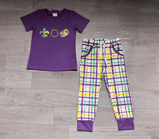 No moq Preorder Baby Boys Kids Embroidery Purple Shirt Plaid Pockets Pants Mardi Gras Set Clothes