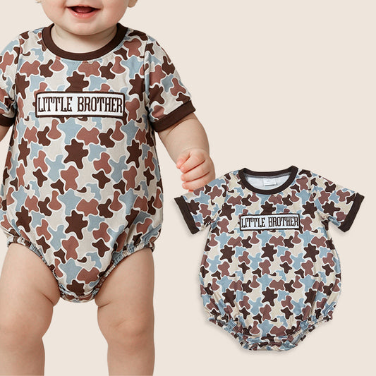 Baby Boys Short Sleeves Embroidery Little Brother Bubble Camo Romper