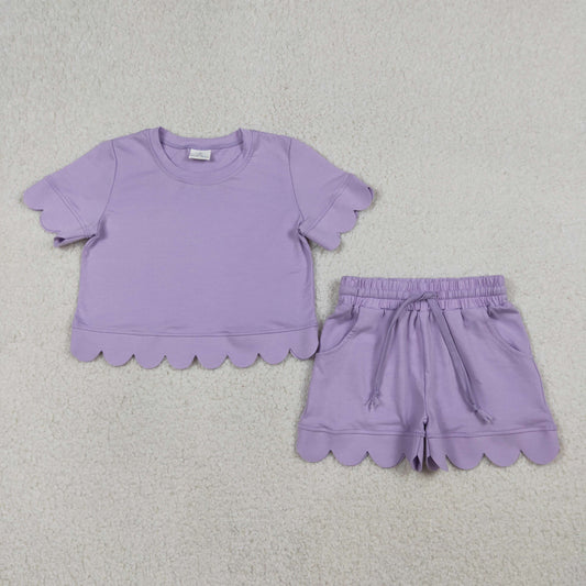 RTS Baby Girls Short Sleeves Purple Shirt Scallop Shorts Summer Clothes Set