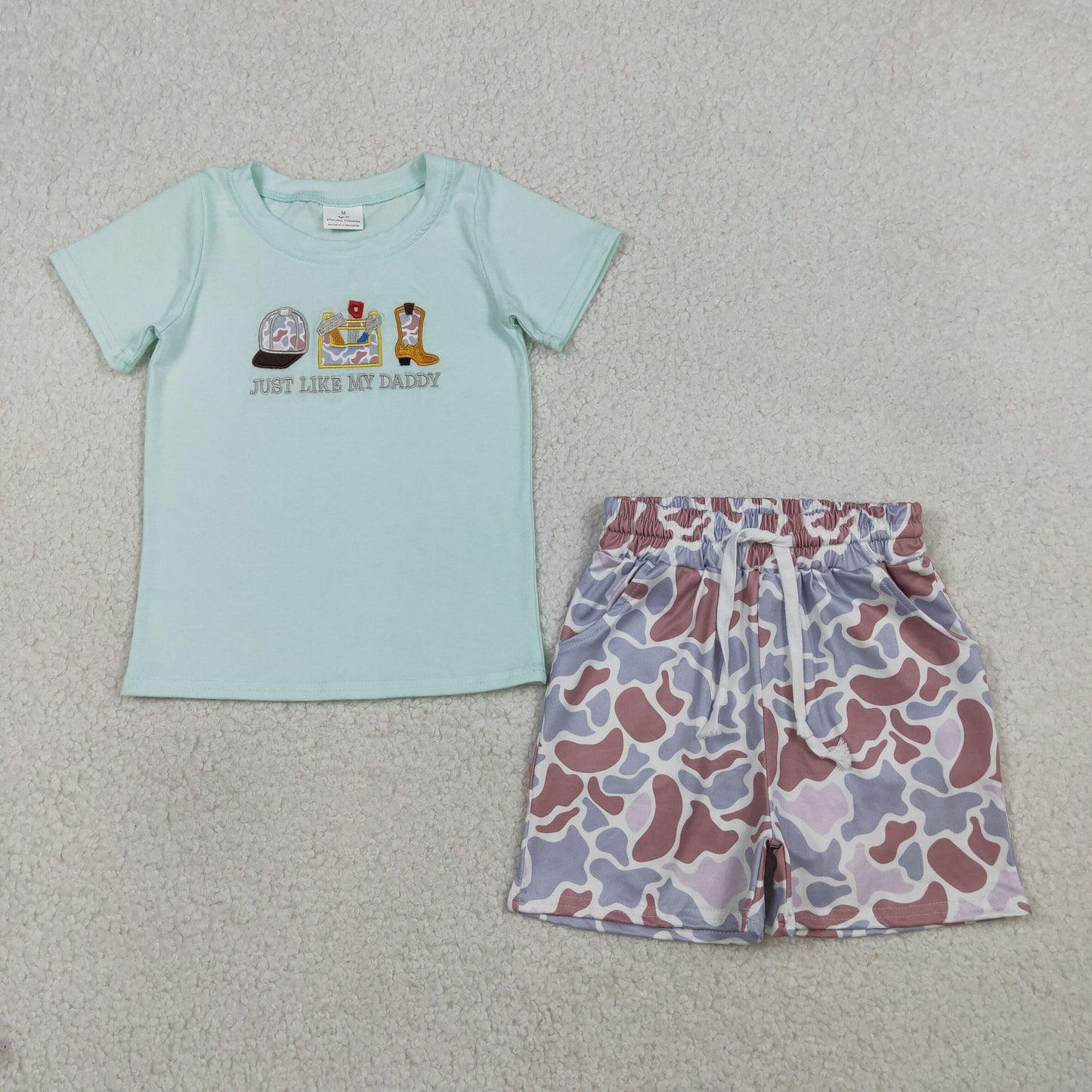 RTS Baby Boys Short Sleeves Embroidery Just Like My Daddy Boots Shirt Camo Pockets Shorts Hunting Set