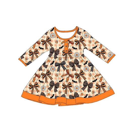 Moq 5 Preorder Baby Girls Kids Bows Candy Corn Plaid Halloween Knee Length Dress