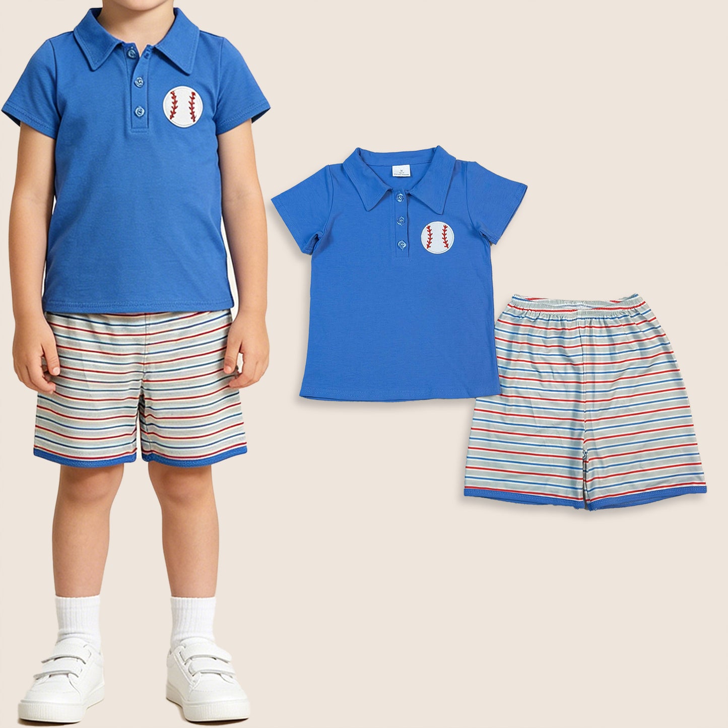 Baby Boys Kids Embroidery Baseball Blue  Polo Shirt Stripes Shorts Summer Set