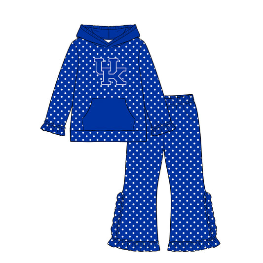 Moq 5 Custom Baby Girls Kids Long Sleeves Hoodie Blue Pullover Dots Pockets Pants Team Set Clothes