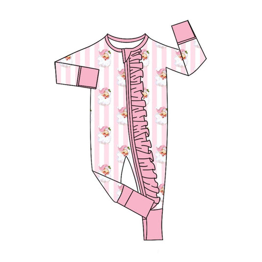 Moq 5 Preorder Baby Girls Kids Santa Stripes Pink Ruffle Zipper Sleeper Footie Romper Christmas Clothes