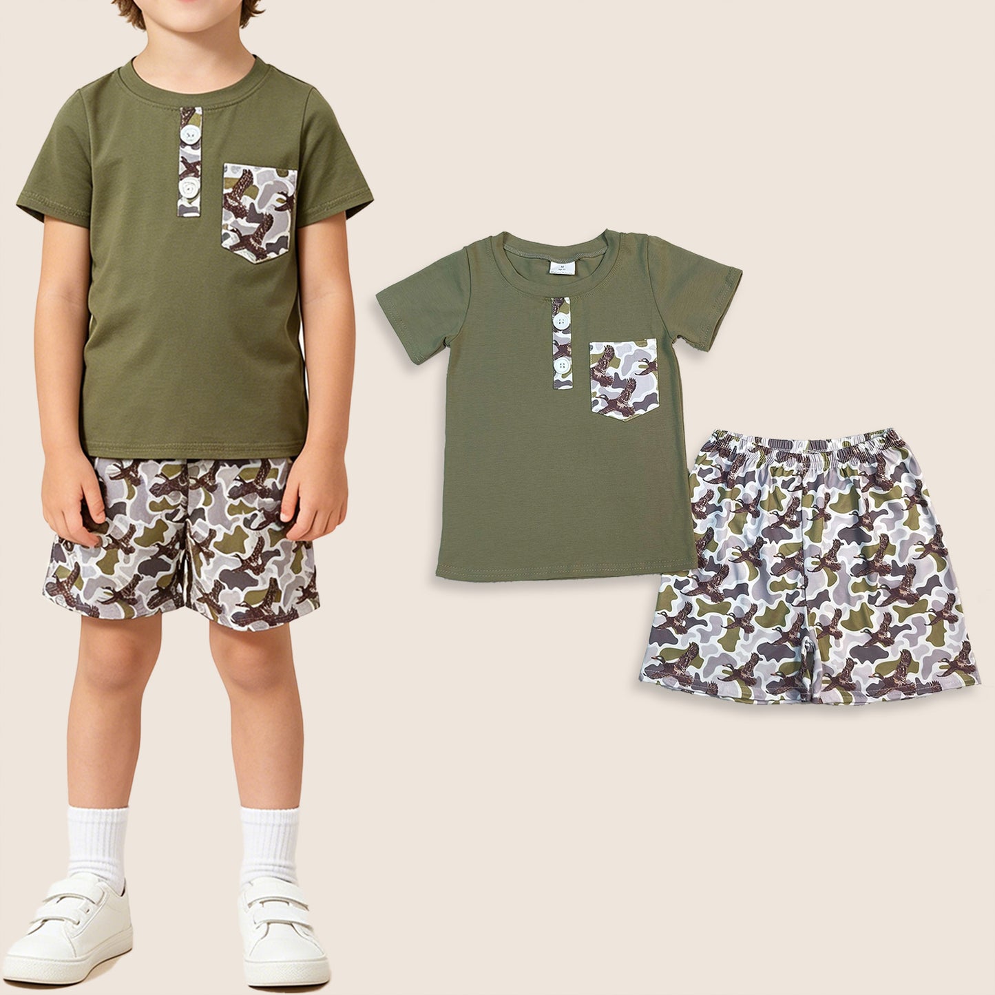 Baby Boys Dark Green Short Sleeves Buttons Pocket Shirt Ducks Camo Shorts Set