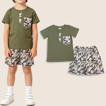 Baby Boys Dark Green Short Sleeves Buttons Pocket Shirt Ducks Camo Shorts Set
