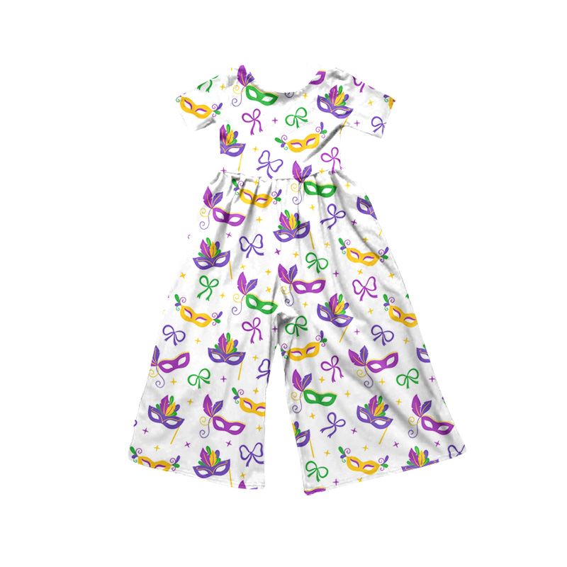 Moq 5 Preorder Baby Girls Kids Short Sleeves Masks Bows Overalls Jumpsuit Mardi Gras Clothes