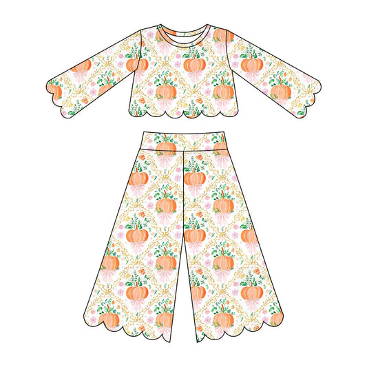 Preorder ( Moq 5 )  Baby Girls Kids Pumpkins Bows Flower Shirt Scallop Pants Set Fall Clothes