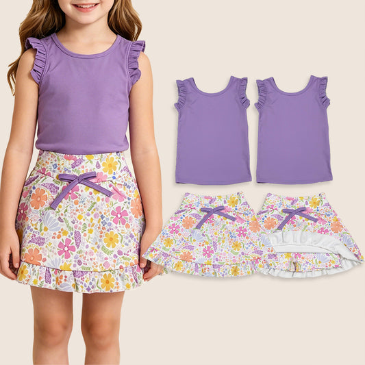 Baby Girls Kids Purple Tops Flower Pockets Scallop Skirt Shorts Yoga Clothes Summer Set
