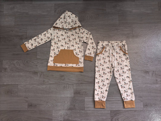 No moq Preorder Baby Boys Kids Long Sleeves Ducks Hoodie Shirt Pockets Pants Set Clothes