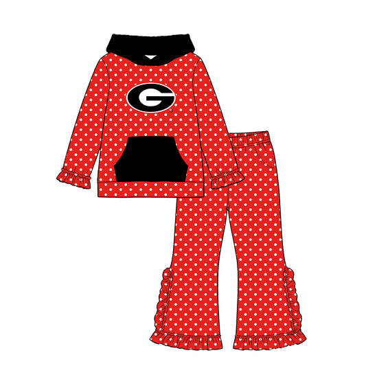 Moq 5 Custom Baby Girls Kids Long Sleeves Hoodie Pullover Dots Pockets Pants Team Set Red Clothes