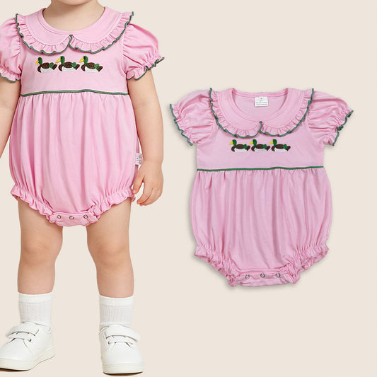 Baby Girls Short Sleeves Embroidery Ducks Pink Ruffle Bubble Romper