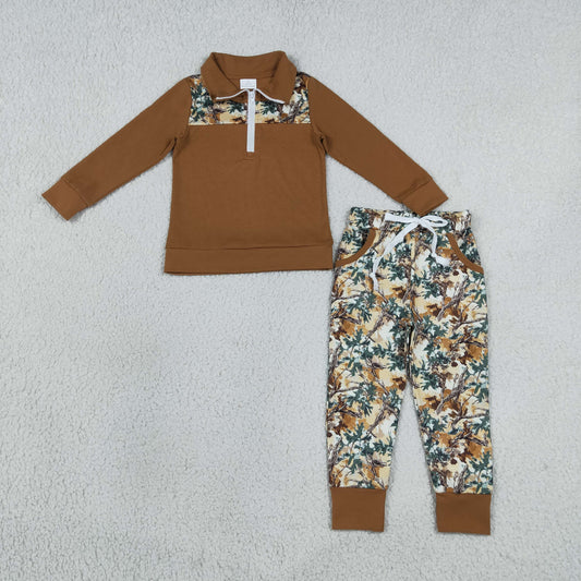Baby Boys Kids Long Sleeve Zipper Pullover Leaves Pockets Jogger Camo Set Clothes