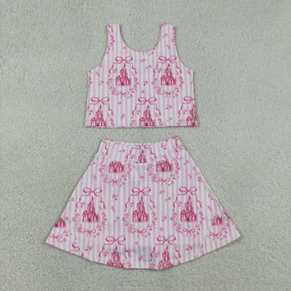 Baby Girls Kids Castles Bows Floral Tops Pink Skirt Shorts Yoga Summer Set