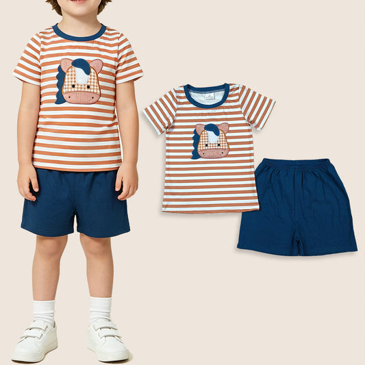 Baby Boys Short Sleeves Embroidery Horse Stripes Shirt Navy Shorts Summer Clothes Set