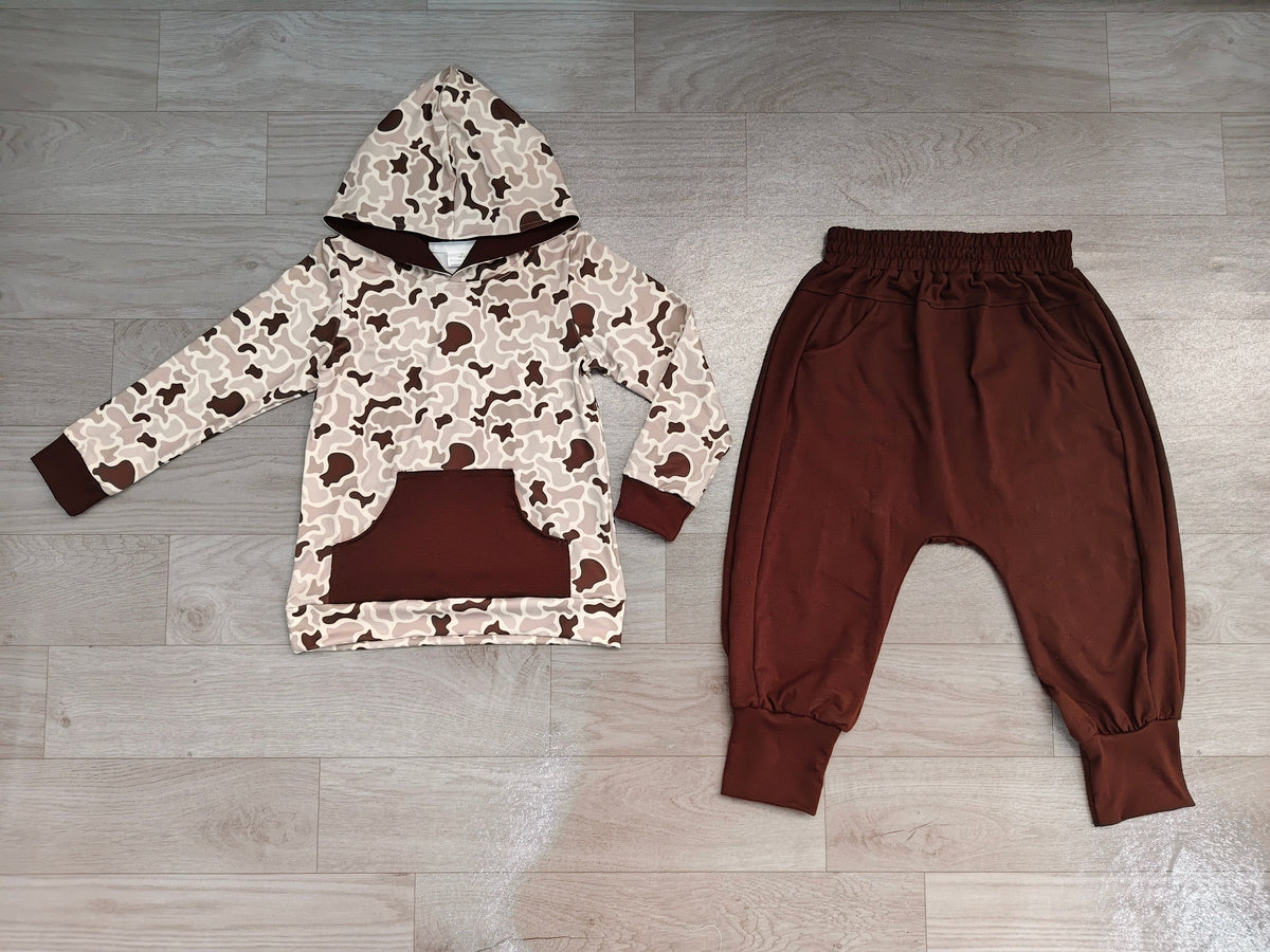 No moq Preorder Baby Boys Kids Camo Hoodie Pullover Pockets Brown Pants Set Clothes