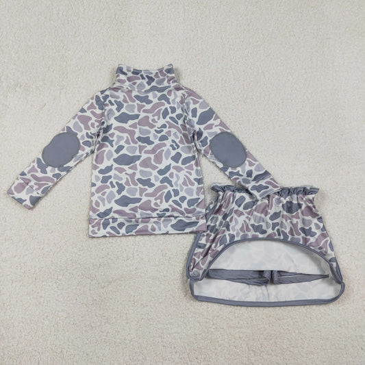 RTS Baby Girls Long Sleeves Grey Camo Zipper Pullover Skirt Shorts Set