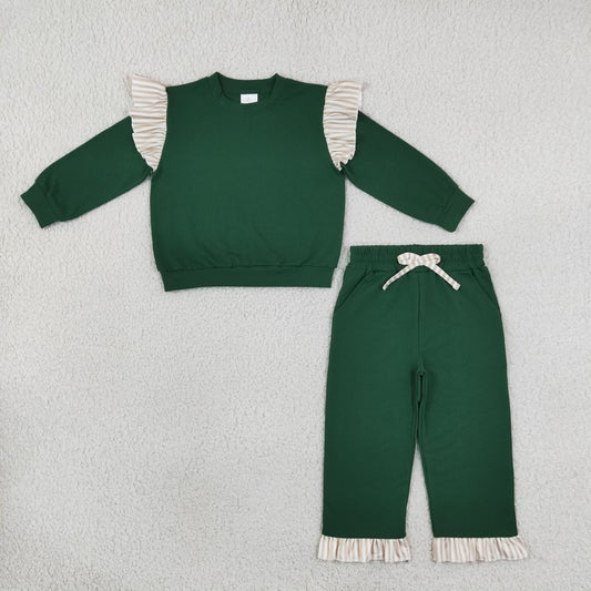 Baby Girls Kids Long Sleeves Ruffle Tops Pockets Pants Cotton Set Green Clothes