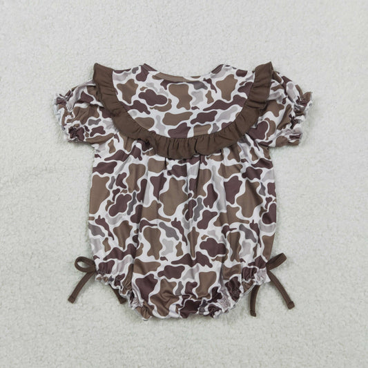 RTS Baby Girls Kids Embroidery Smocked Mama's Bestie Brown Camo Bows Bubble Romper