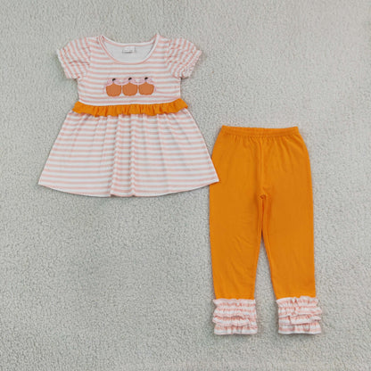 Baby Girl Kids Embroidery Pumpkins Bows Stripes Tunic Ruffle Pants Fall Set Clothes