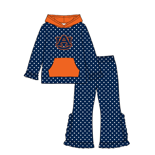 Moq 5 Custom Baby Girls Kids Long Sleeves Hoodie Pullover Dots Pockets Pants Team Set Navy Clothes
