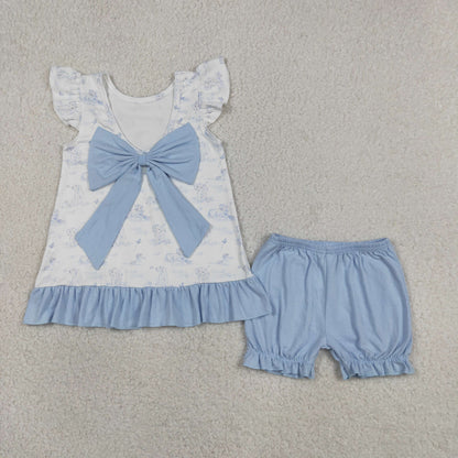 Baby Girls Kids Sleeveless Dogs Tops Blue Shorts Clothes Set