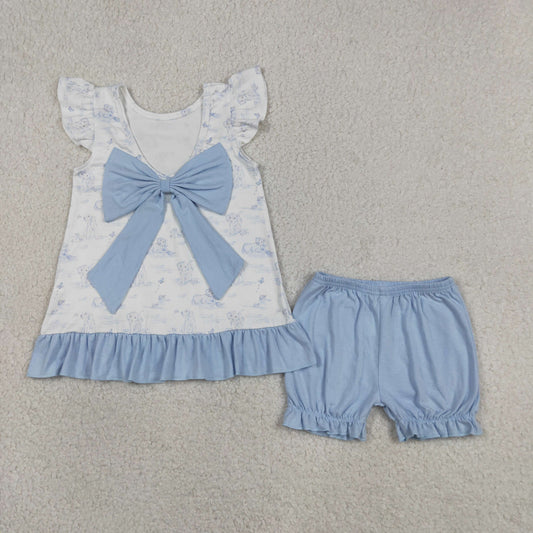 Baby Girls Kids Sleeveless Dogs Tops Blue Shorts Clothes Set
