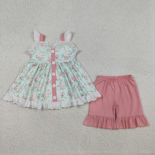 RTS Baby Girls Kids Sleeveless Flowers Buttons Tunic Pink Ruffle Shorts Clothes Set
