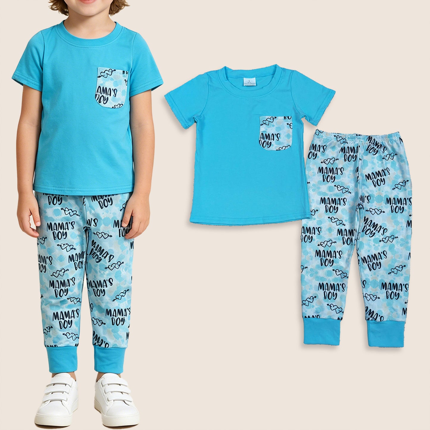Kids Boys Short Sleeves Blue Shirt Mama's Boy Pants Set